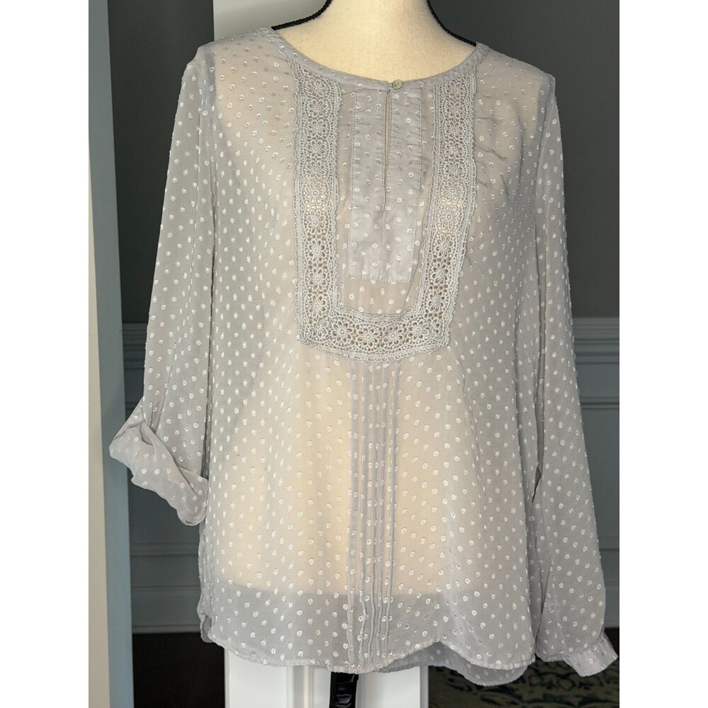 Daniel Rainn Dotted Swiss Blouse w/Lace Trim and Roll Tab Sleeves Soft Gray XL